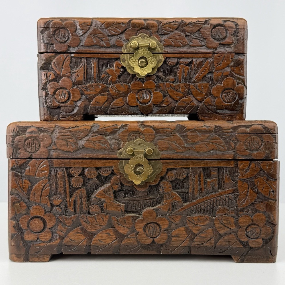 Vintage Chinese Camphor Wood Carved Trinket Box Set Brass Latch Nested Pair